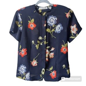 *Chaus Navy Floral Sheer Button Down Fitted Blouse Size 14 Cottage Coastal